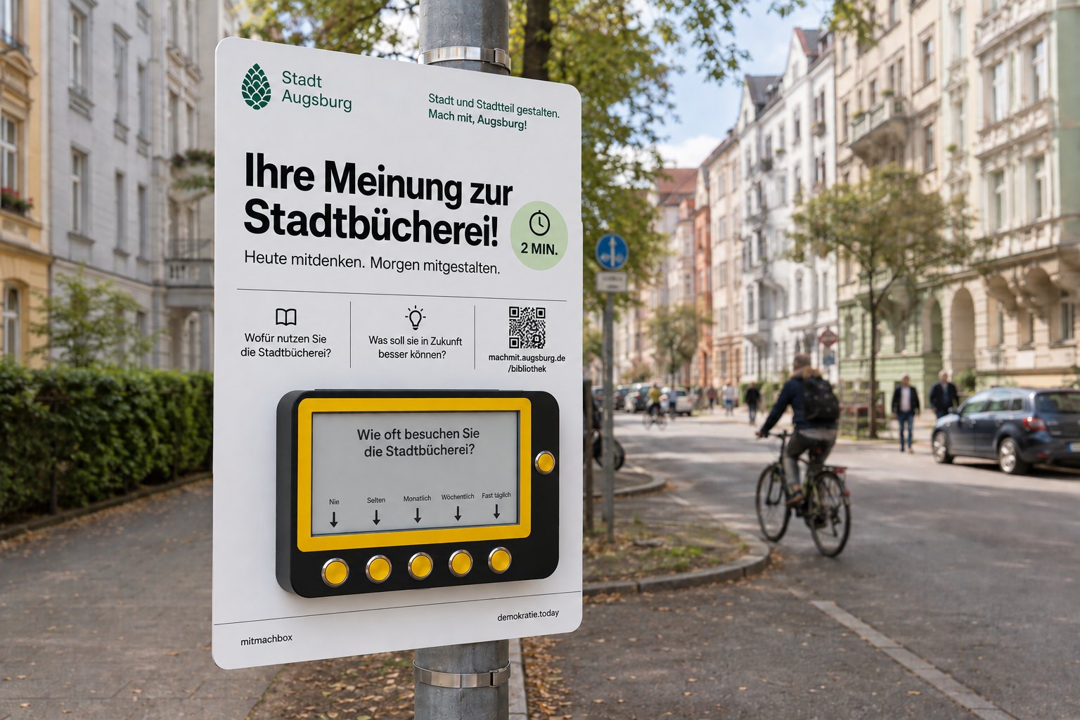 Gestaltungsstudie: Mitmachbox an einer Tafel im Straßenraum